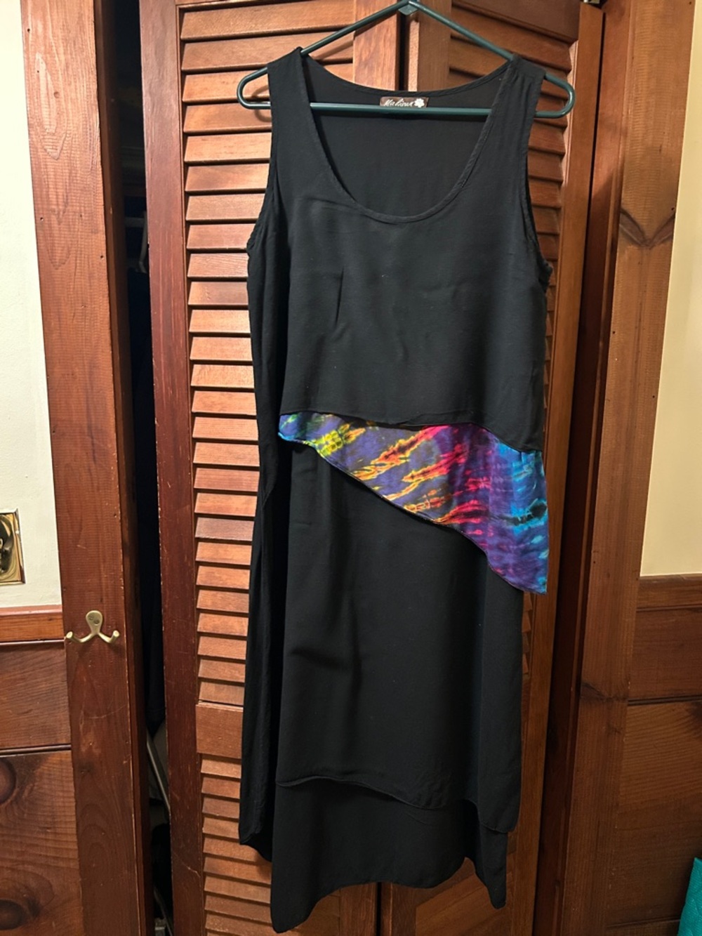 Black High-Low Dress with Vibrant Rainbow Accent